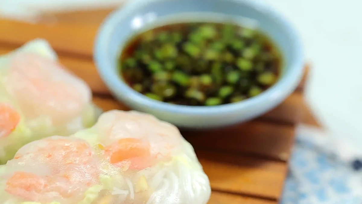 Finished shrimp summer rolls with dipping sauce
