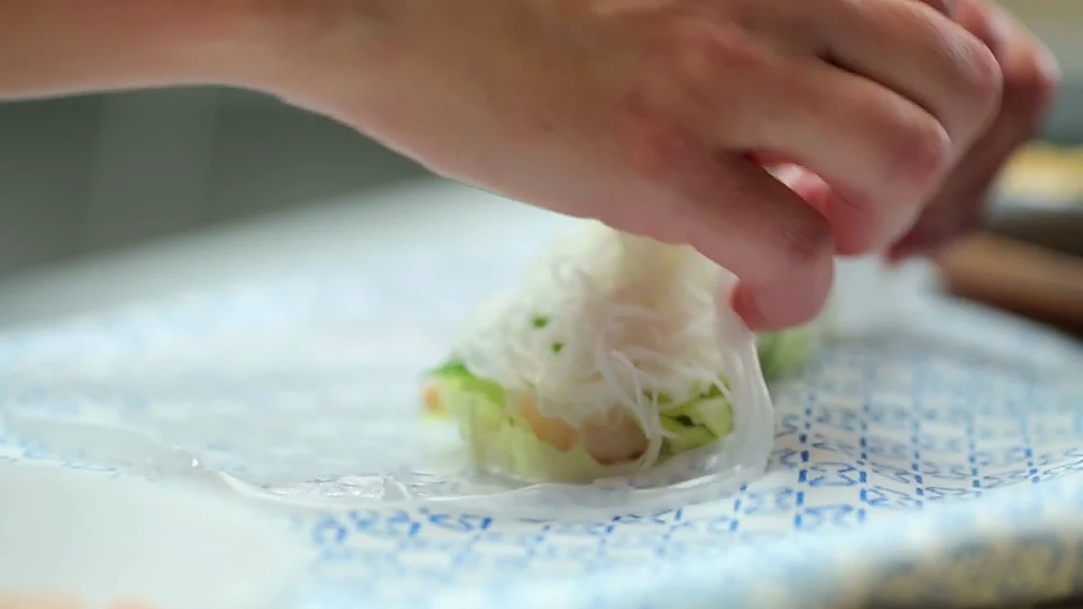 Shrimp summer roll filling layered on rice paper