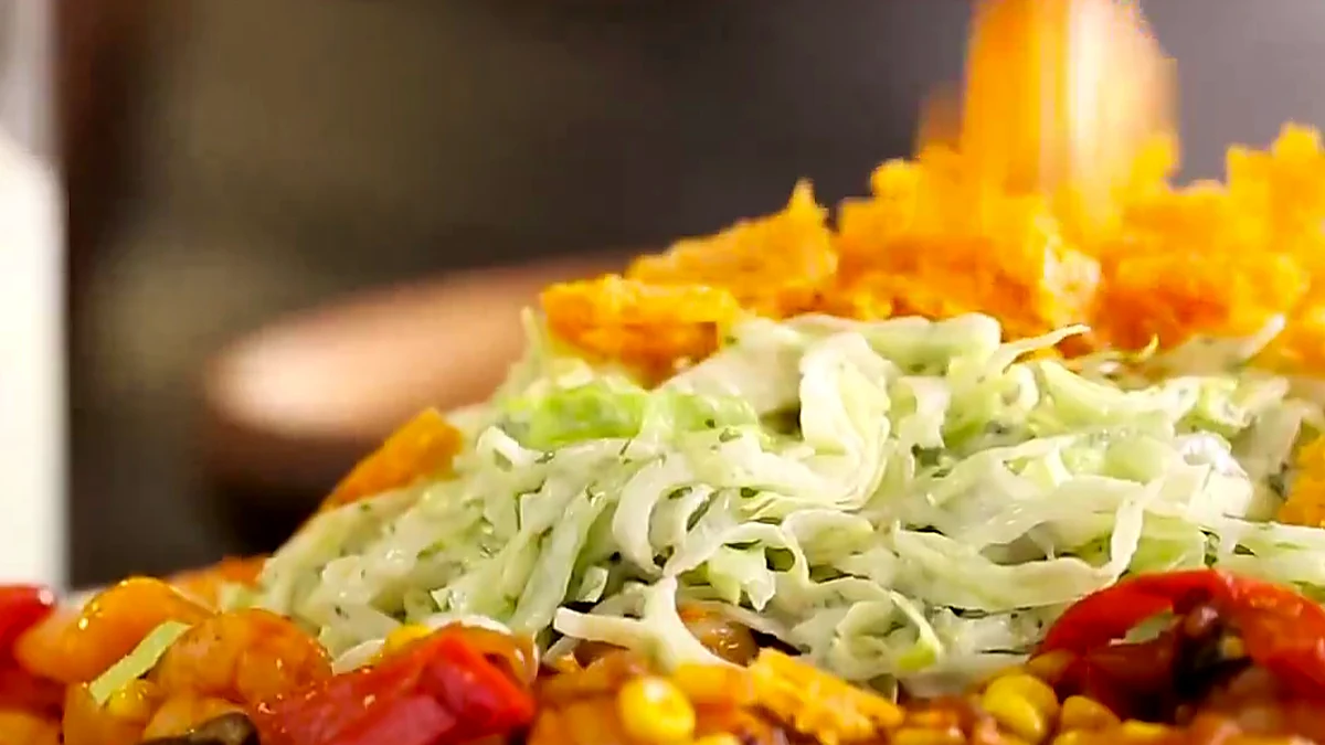 Finished shrimp tostada salad angle