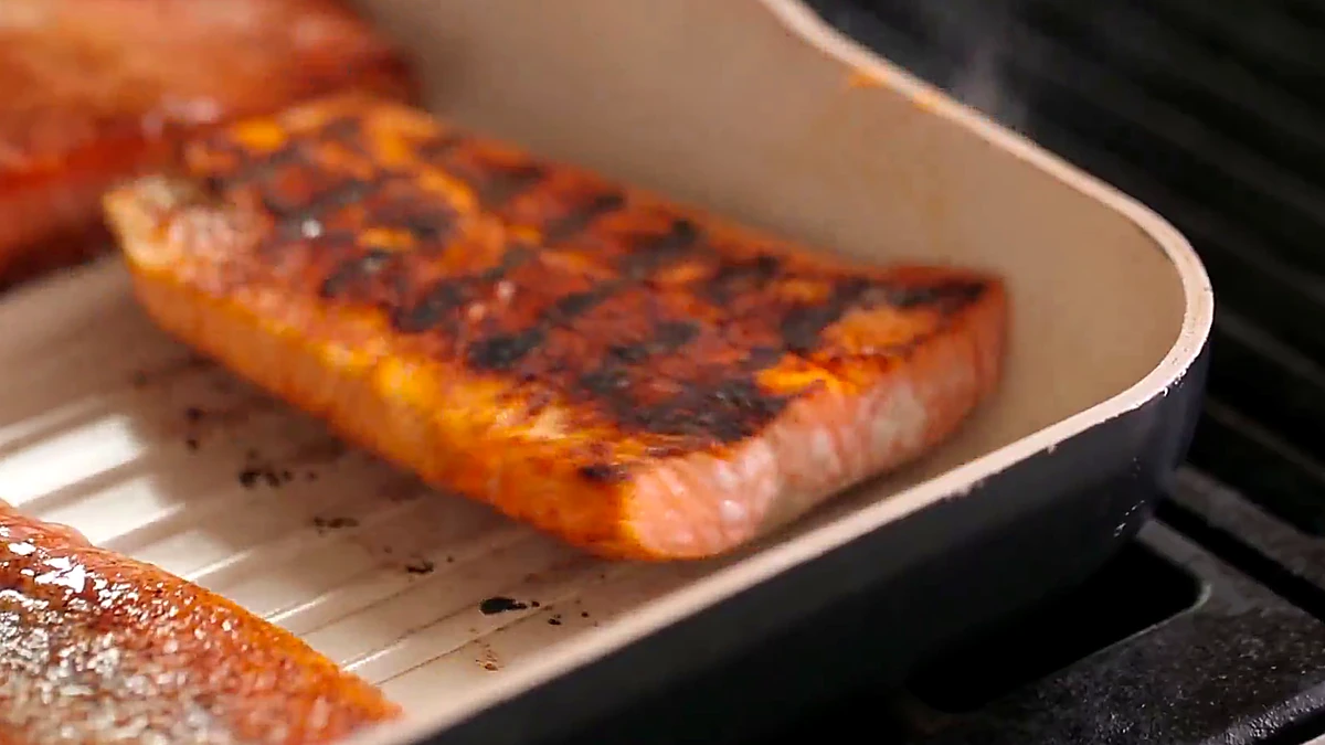 Spiced salmon flipped with char marks