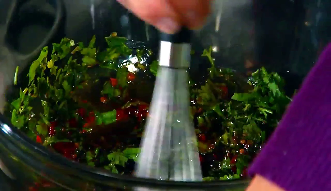 Whisked soy chile sauce with cilantro