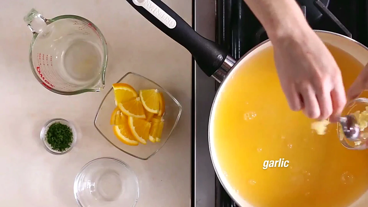 Garlic added to the citrus poaching liquid