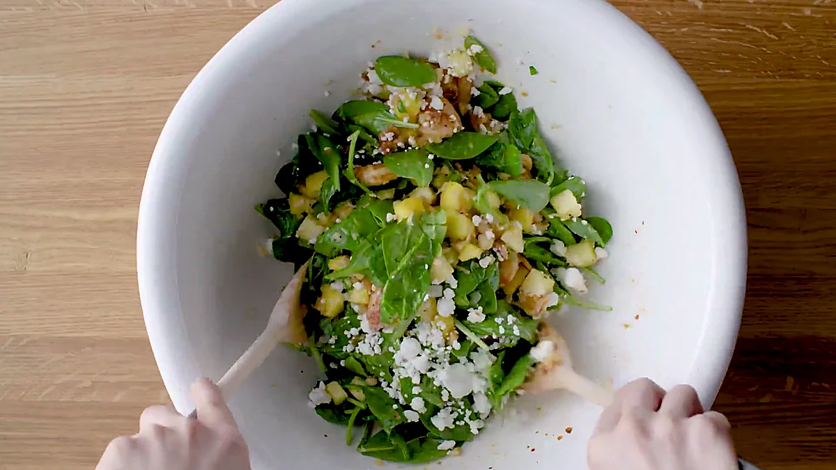 Tropical shrimp salad bowl close-up