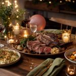 A festive dinner table with sliced roast beef, side dishes, wine glasses, candles, and balloons