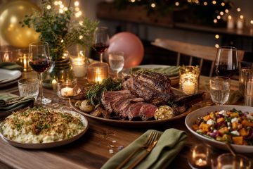 A festive dinner table with sliced roast beef, side dishes, wine glasses, candles, and balloons