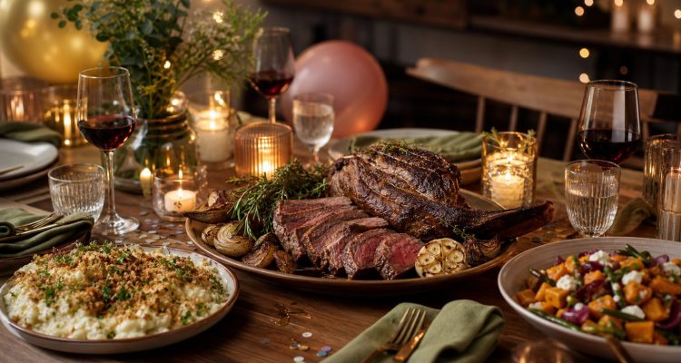 A festive dinner table with sliced roast beef, side dishes, wine glasses, candles, and balloons