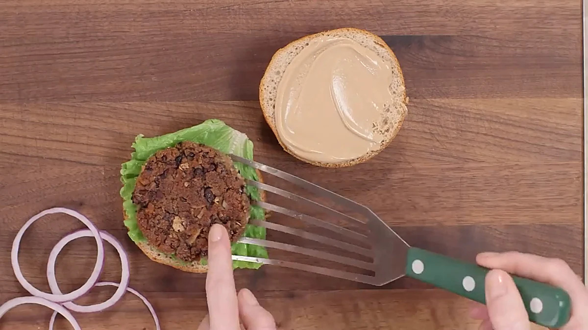 Black bean burger built with lettuce and patty