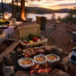 Campfire cooking setup with grilled skewers, foil packets, and a lakeside sunset view