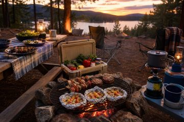 Campfire cooking setup with grilled skewers, foil packets, and a lakeside sunset view