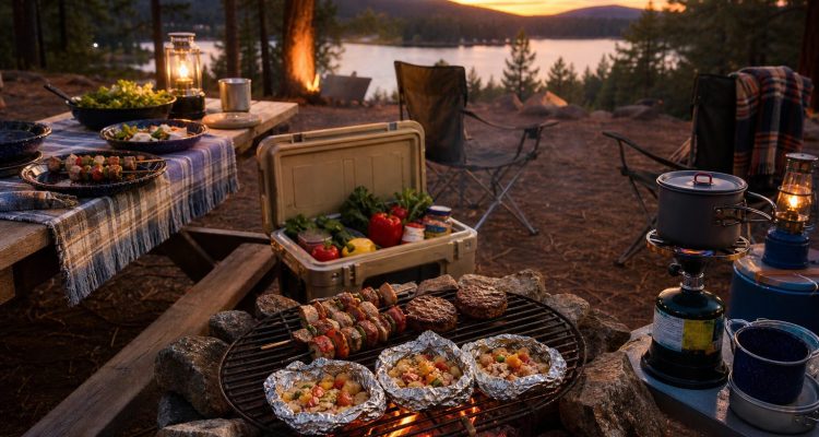 Campfire cooking setup with grilled skewers, foil packets, and a lakeside sunset view