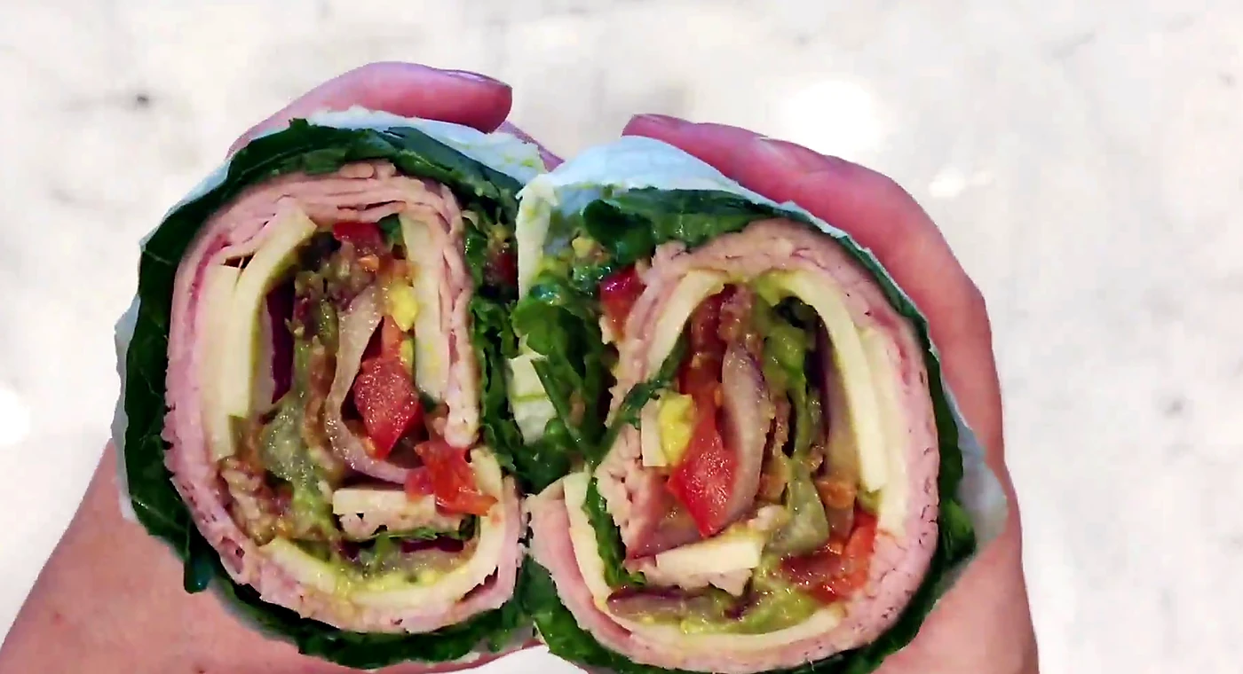 Close cross section of lettuce wrap sandwich