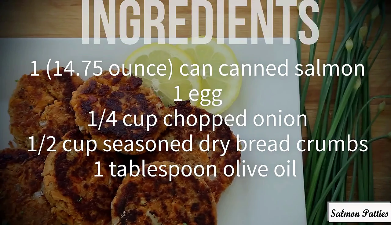 Ingredient list for salmon patties shown over finished patties