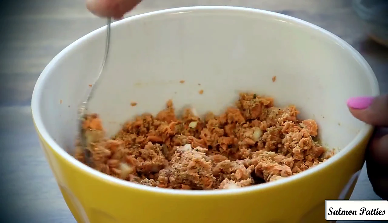 Mixed salmon patty mixture in a bowl