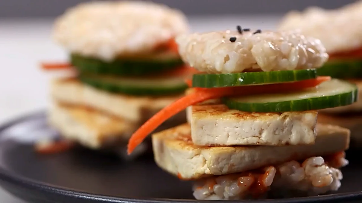 Finished sushi sliders stacked with tofu and vegetables