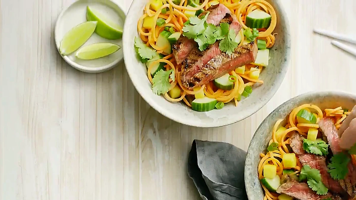 Finished teriyaki steak bowl from a different angle