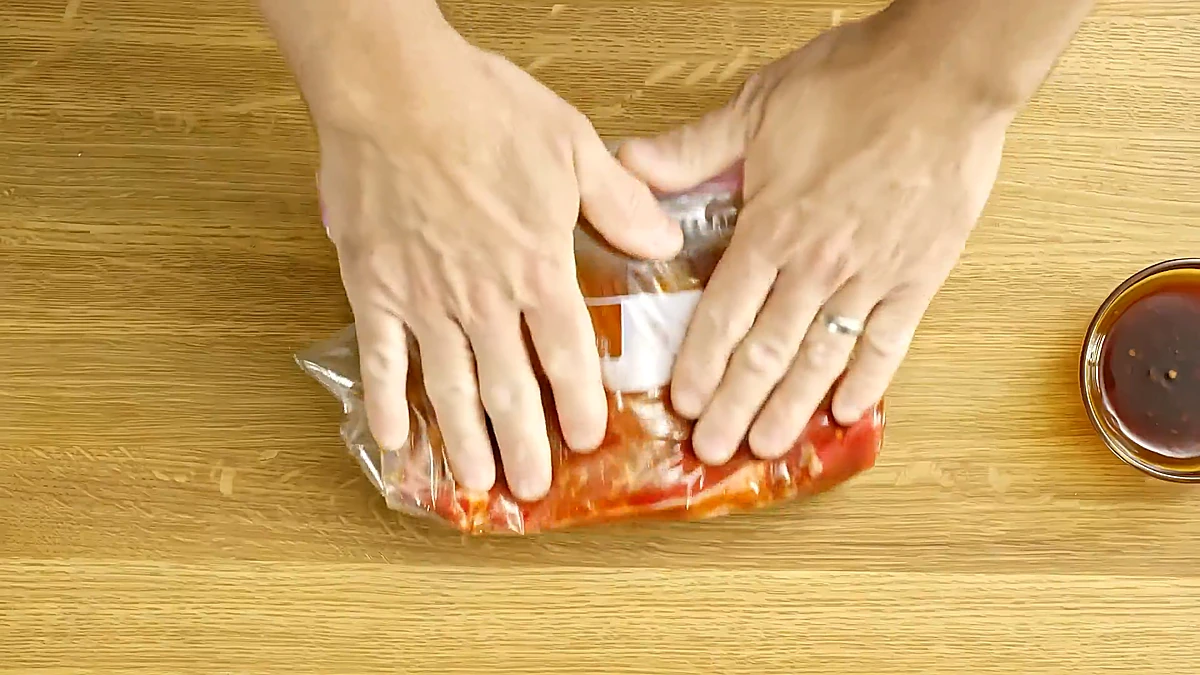 Teriyaki steak sealed in a bag