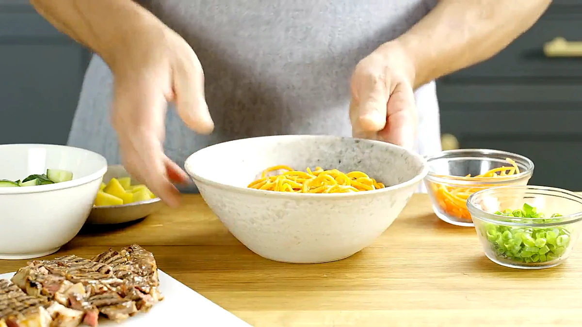 Sweet potato spirals in a serving bowl