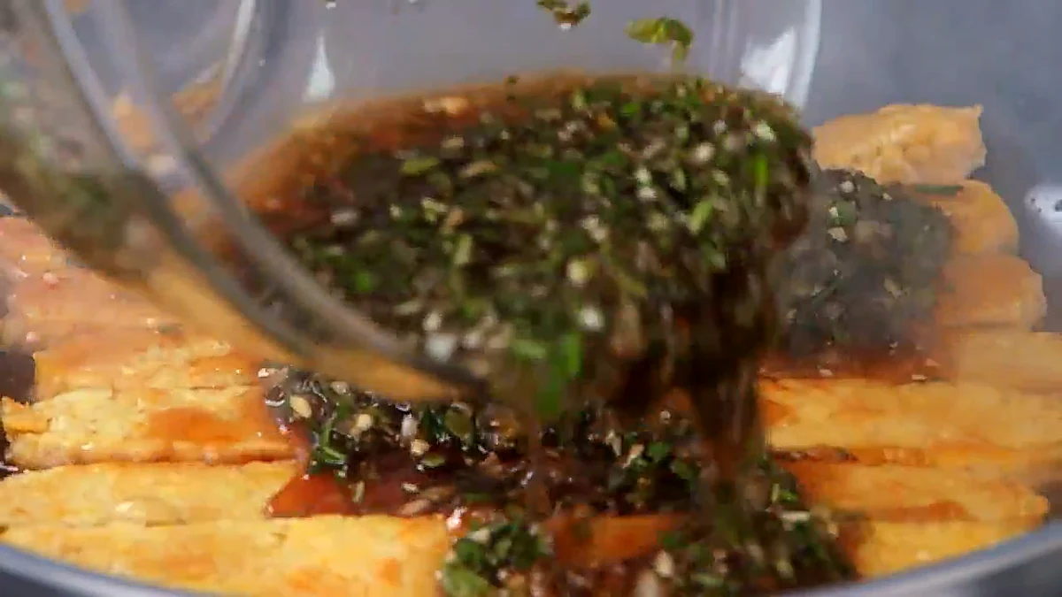 Braising sauce poured over tempeh
