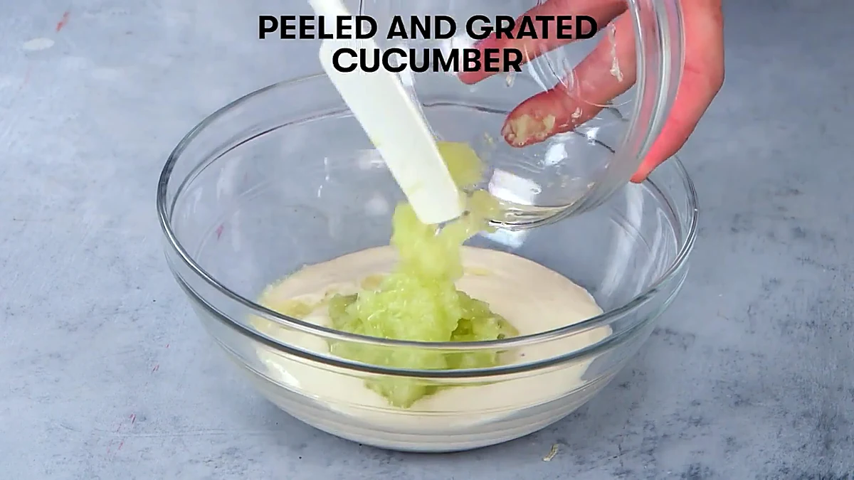 Grated cucumber added to silken tofu sauce