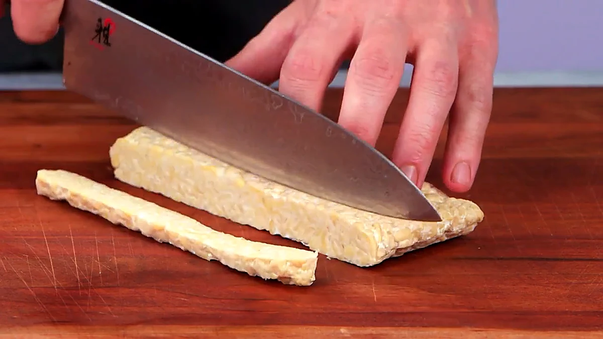 Tempeh sliced into long strips