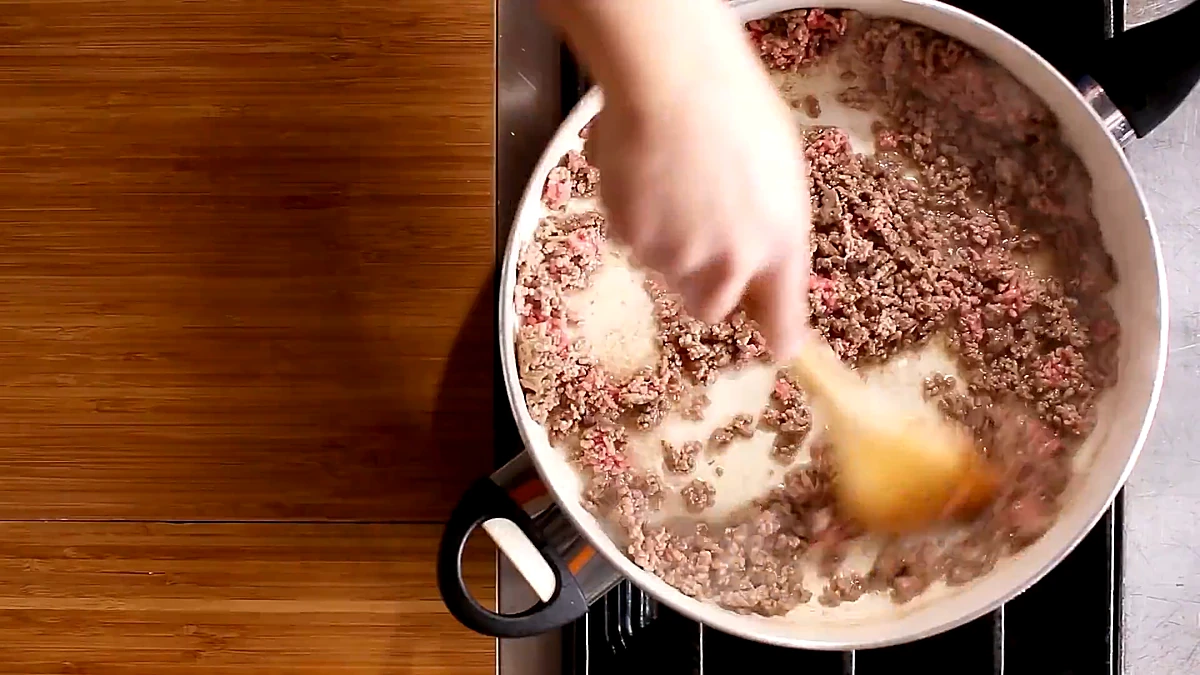 Ground beef browned in the skillet