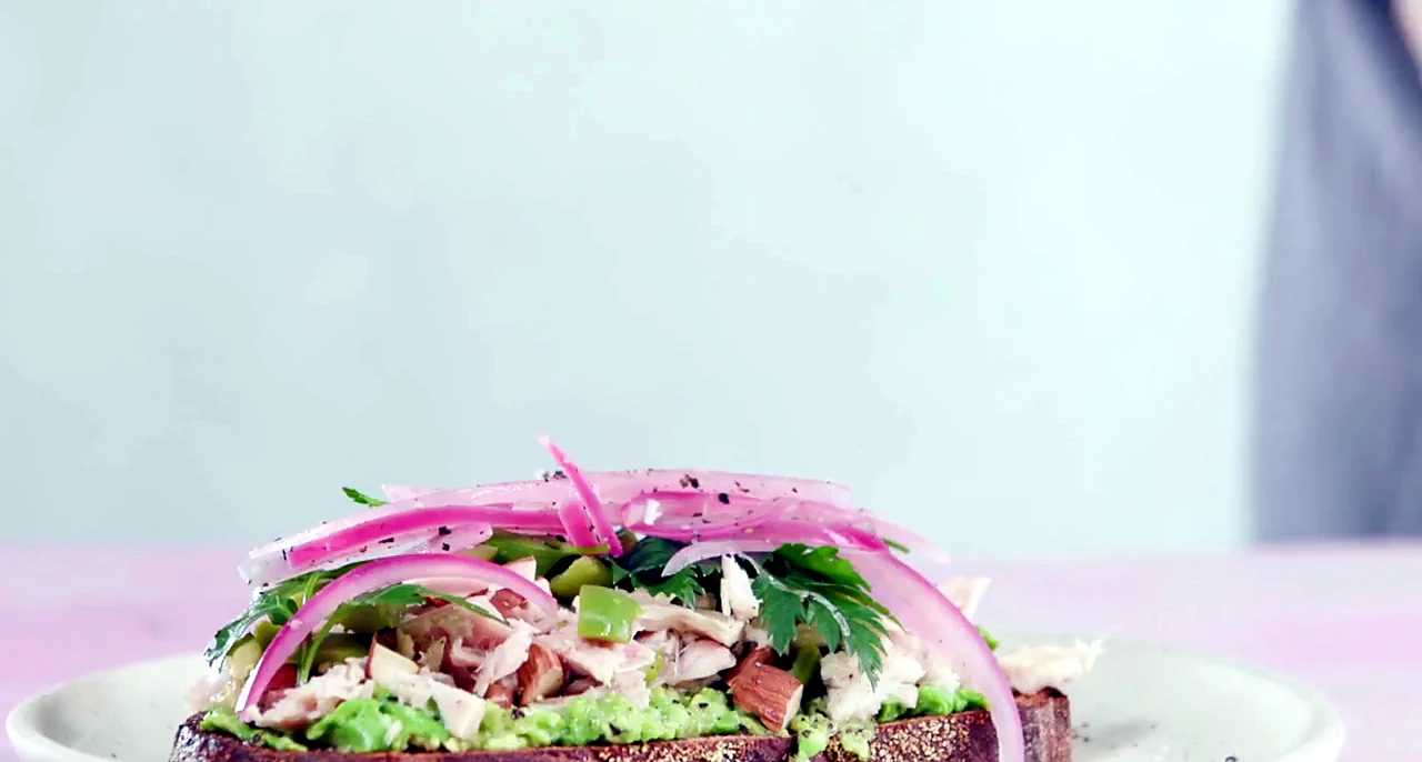 Loaded tuna avocado toast with pickled onions