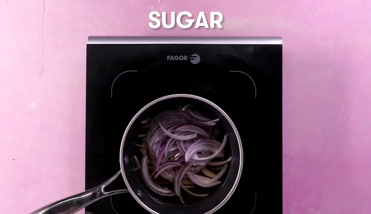 Sugar added to the red onion mixture