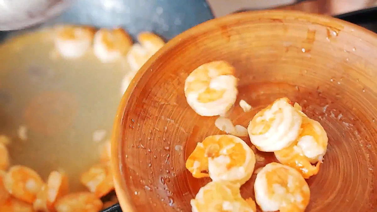 Cooked shrimp removed from the pan