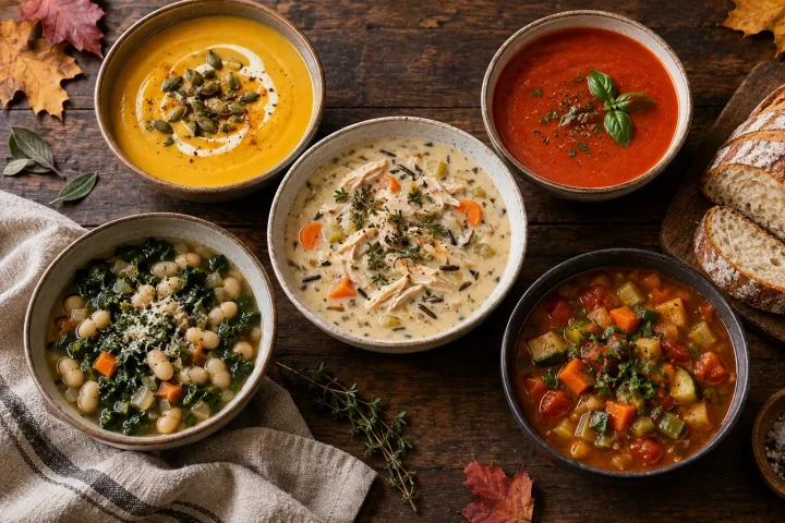 Five bowls of cozy fall soup with butternut squash, chicken and wild rice, tomato, white bean kale, and vegetables