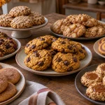 Assorted fall cookie recipes including pumpkin chocolate chip, apple cinnamon, maple oatmeal, cranberry, pinwheel, snickerdoodle, and caramel thumbprint cookies