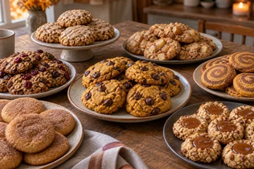 Assorted fall cookie recipes including pumpkin chocolate chip, apple cinnamon, maple oatmeal, cranberry, pinwheel, snickerdoodle, and caramel thumbprint cookies