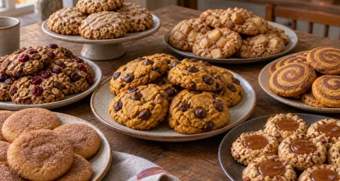 Assorted fall cookie recipes including pumpkin chocolate chip, apple cinnamon, maple oatmeal, cranberry, pinwheel, snickerdoodle, and caramel thumbprint cookies