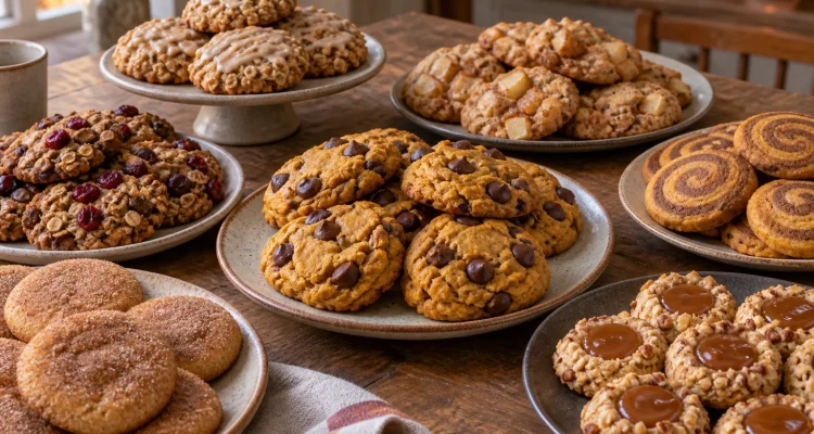 Assorted fall cookie recipes including pumpkin chocolate chip, apple cinnamon, maple oatmeal, cranberry, pinwheel, snickerdoodle, and caramel thumbprint cookies