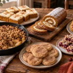 Assorted fall dessert ideas including apple crisp, pumpkin bars, pumpkin roll, cookies, baked pears, and cranberry bars