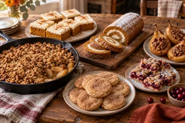 Assorted fall dessert ideas including apple crisp, pumpkin bars, pumpkin roll, cookies, baked pears, and cranberry bars