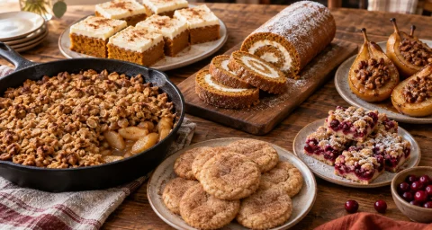 Assorted fall dessert ideas including apple crisp, pumpkin bars, pumpkin roll, cookies, baked pears, and cranberry bars