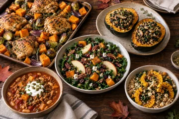Healthy fall dinner spread with roasted chicken, stuffed squash, kale salad, sweet potatoes and a hearty grain bowl