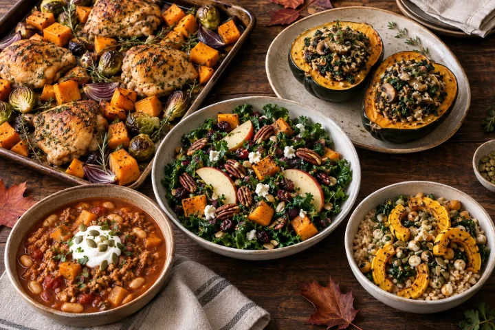 Healthy fall dinner spread with roasted chicken, stuffed squash, kale salad, sweet potatoes and a hearty grain bowl