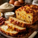 Loaf of cheesy bacon bread with buttered slices, bacon strips, shredded cheese, flour, eggs, and sour cream