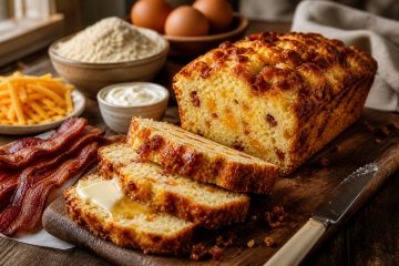 Loaf of cheesy bacon bread with buttered slices, bacon strips, shredded cheese, flour, eggs, and sour cream