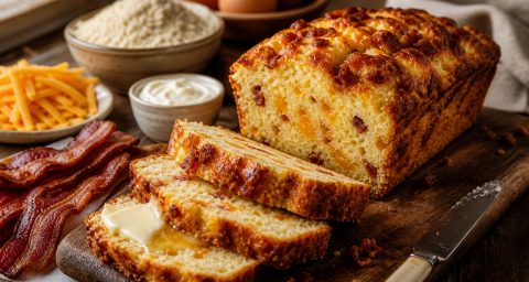 Loaf of cheesy bacon bread with buttered slices, bacon strips, shredded cheese, flour, eggs, and sour cream
