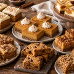 Assorted pumpkin bar recipes including frosted pumpkin bars, pumpkin pie bars, cheesecake bars, streusel bars, chocolate chip blondies, caramel bars, and oatmeal bars