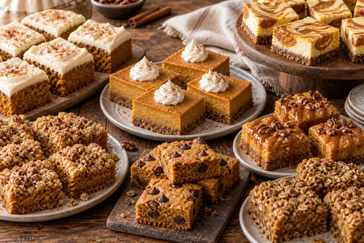 Assorted pumpkin bar recipes including frosted pumpkin bars, pumpkin pie bars, cheesecake bars, streusel bars, chocolate chip blondies, caramel bars, and oatmeal bars