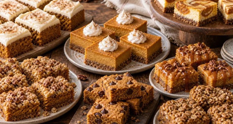 Assorted pumpkin bar recipes including frosted pumpkin bars, pumpkin pie bars, cheesecake bars, streusel bars, chocolate chip blondies, caramel bars, and oatmeal bars
