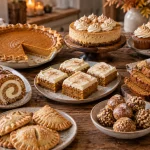 Assorted pumpkin dessert recipes including pumpkin pie, cheesecake, pumpkin bars, pumpkin roll, cupcakes, hand pies, truffles, and pumpkin bread