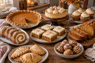 Assorted pumpkin dessert recipes including pumpkin pie, cheesecake, pumpkin bars, pumpkin roll, cupcakes, hand pies, truffles, and pumpkin bread
