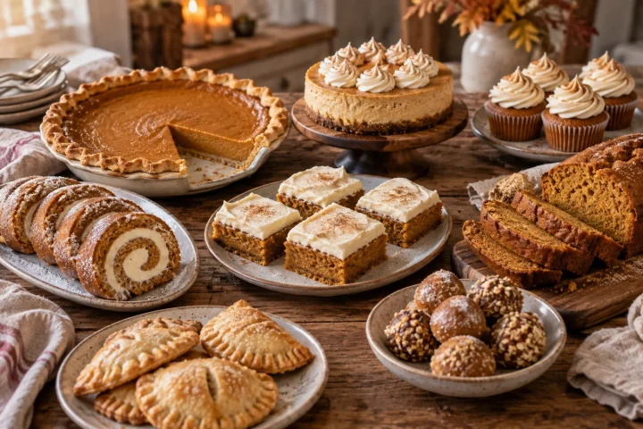 Assorted pumpkin dessert recipes including pumpkin pie, cheesecake, pumpkin bars, pumpkin roll, cupcakes, hand pies, truffles, and pumpkin bread