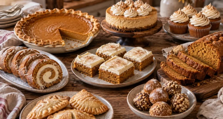 Assorted pumpkin dessert recipes including pumpkin pie, cheesecake, pumpkin bars, pumpkin roll, cupcakes, hand pies, truffles, and pumpkin bread